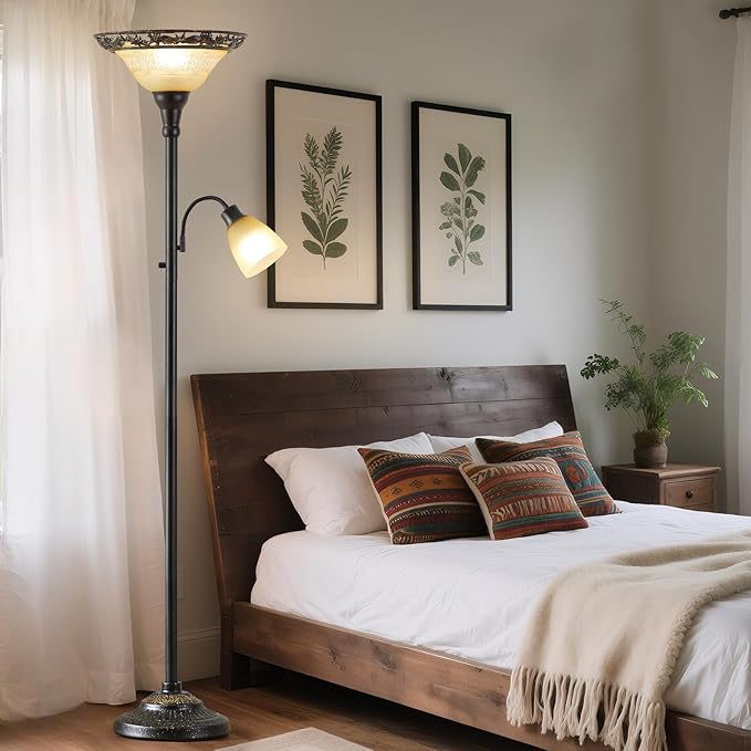 Torchiere Floor Lamps for Living Room, 70" Lamps for Living Room with Etched Glass Shade, Metal Pole & Heavy Base, Vintage Standing lamp Decor for Bedroom, Living Room, Office