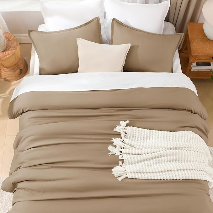 Litanika Taupe Comforter Set Queen Size, 3 Pieces Solid Bedding Comforter Set, All Season Fluffy Bed Set (90x90In Comforter & 2 Pillowcases)