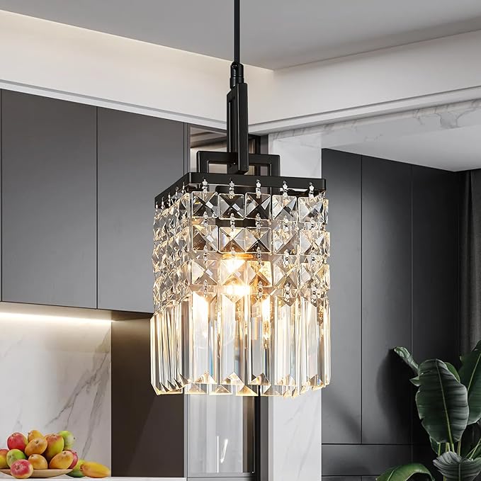 Modern Crystal Pendant Light Kitchen Island Farmhouse Lamp Adjustable Height Hanging Lighting Square Black Chandelier Suitable for Kitchen Island Dining Room and Bedroom(3Pack)