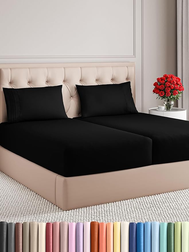Split King Size 5 Piece Sheet Set - Comfy Breathable & Cooling Bed Sheets Set - Hotel Luxury Bedding for Women, Men, Kids, Teens, Boys & Girls - Deep Pockets, Soft and Wrinkle Free - Oeko-Tex - Black