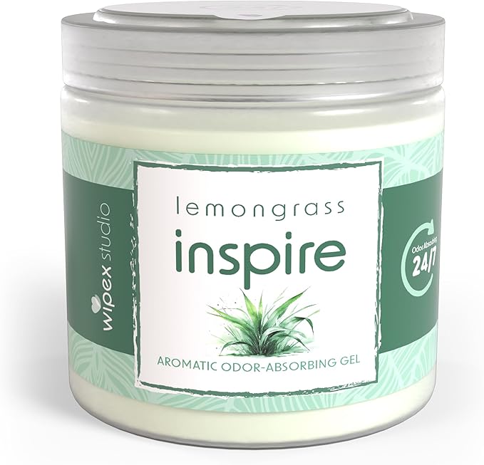 Wipex Odor Eliminator Gel Jar - Inspire Lemongrass 15oz, Odor Eliminator for Home, Effective Odor Absorber for Long-Lasting Freshness, Ideal for Rooms, Offices & Yoga Studios, 12pk