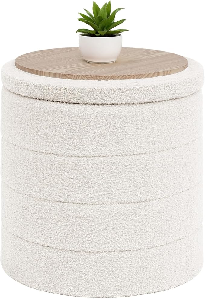 B FSOBEIIALEO Ottoman with Stroage, Round Sherpa Storage Ottoman Stool, Boucle Foot Rest 16.9"x16.9"x17.7"（White