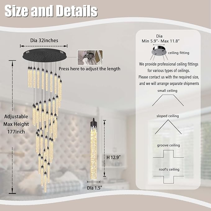 Black Chandeliers for Living Room 38-Lights Modern Crystal Light Extra Large Chandelier Light Fixture Entryway Foyer High Ceiling Chandelier Lighting with Sloping Ceiling