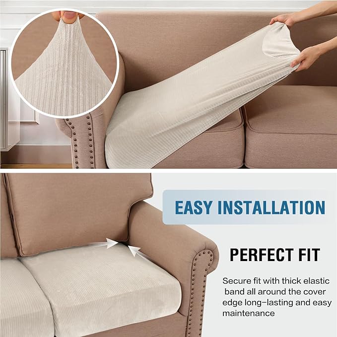 H.VERSAILTEX Velvet Stretch Couch Cushion Cover Plush Cushion Slipcover for Chair Loveseat Sofa Cushion Furniture Protector Seat Cushion Sofa Cover (3 Piece XL Sofa Cushion Covers, Ivory Striped)