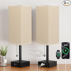Beige Bedside Table Lamps Set of 2 - Square Bedroom Lamps with 3 Color Temperatures (3000K/5000K/4000K), Nightstand Lamps with USB C + A Charging Ports, Pull Chain Small Night Light for End Table