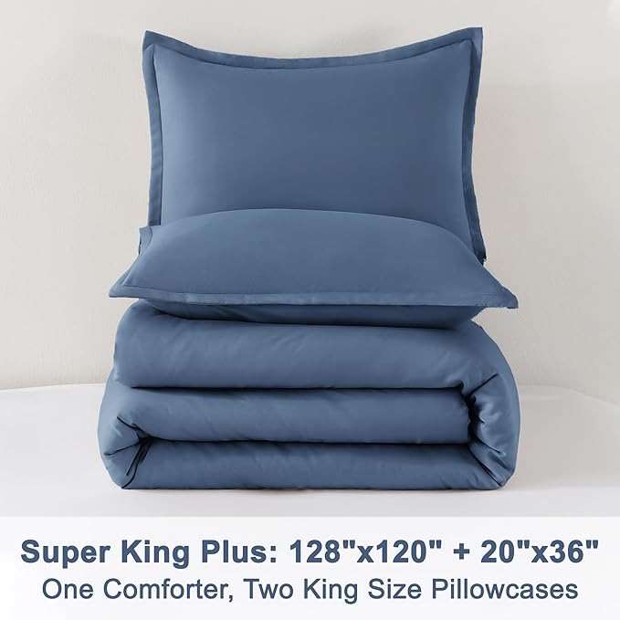 Litanika Haze Blue Oversized King Comforter Set Super King Plus Size, 3 Pieces Lightweight Solid Bedding Comforter Set, All Season Fluffy Bed Set (128x120In Comforter & 2 Pillowcases)