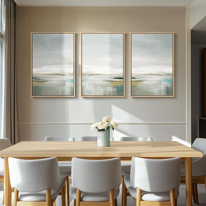 Large Framed Green Abstract Landscape Wall Art for Living Room, 3 Piece Canvas Prints Paintings Artwork for Walls, Modern Minimalist Pictures for Dining Room, Hallway, Office Wall Decor 24x36 In