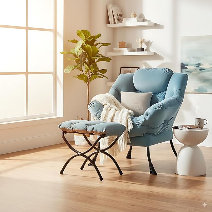 Cozy Lazy Chair and Ottoman, Large Contemporary Accent Lounge Chair Set, Leisure Upholstered Reading Armchair for Bedroom, Living Room, Dorm Rooms, Office