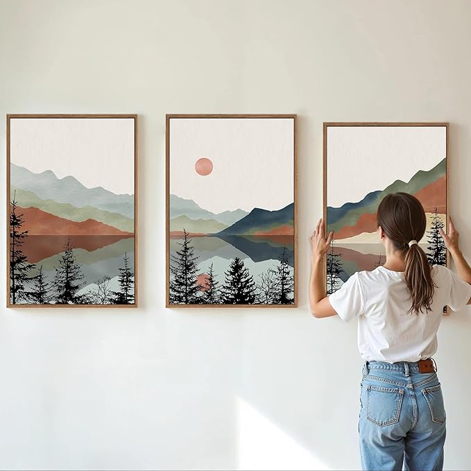 Tinonedraw Boho Mountain Framed Canvas Wall Art Set, Watercolor Nature Landscape Wall Decor, Black Pine Forest Artwork, Modern Sunrise Art Prints for Living Room, Bedroom, Office 16"x24"x3