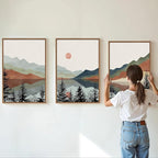 Tinonedraw Boho Mountain Framed Canvas Wall Art Set, Watercolor Nature Landscape Wall Decor, Black Pine Trees Forest Artwork, Neutral Modern Sunrise Art Prints for Living Room Bedroom Office 24"x36"x3