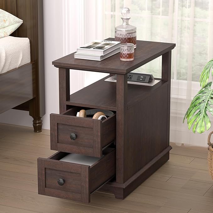 HIFYOBRO Narrow End Table with Flip Top Charging Station Set of 2, Side Table with 2 Drawers, Type-C & USB Port & Power outlets, Wooden Storage Cabinet for Living Room and Bedroom (Espresso)