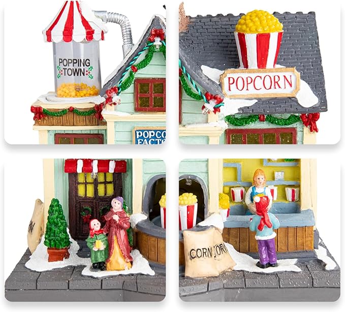 Bdor Christmas Village Lighted Decoration Animated Display Musical Christmas Collectible Popcorn Factory Battery Operated Resin Indoor Decor