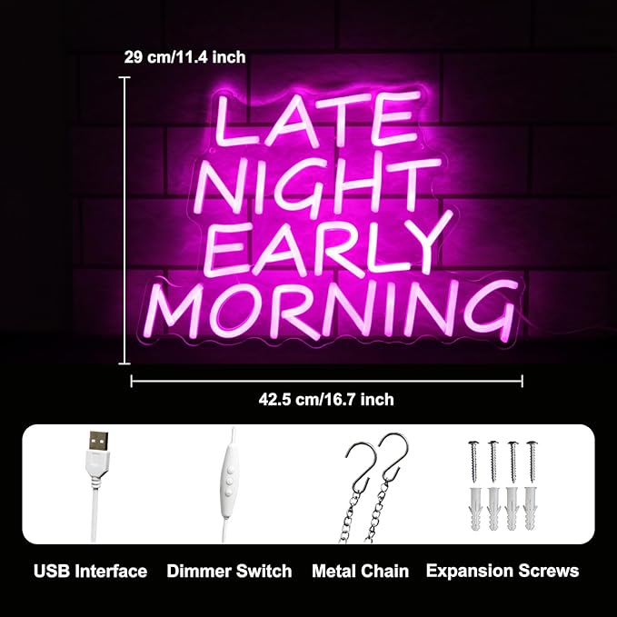 Bar Neon Sign Late Night Early Morning Neon Signs for Wall Decor Beer LED Neon Sign Pink Letter Neon Light Sign Dimmable Neon Lights for Bedroom Bar Party Hotel Club Party Man Cave Decor