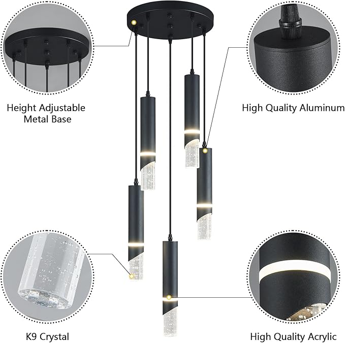 Modern Dimmable Led Pendant Lights Kitchen Island, Ideal for Living Room, Bedroom,Sink 30w LED Crystal Energy-Saving Hanging Lamp for Cozy Lighting (Black 5 Light)