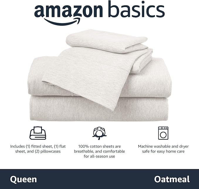 Amazon Basics Cotton Jersey 4-Piece Soft, Breathable, Wrinkle-Free Bed Sheet Set, Queen, Oatmeal, Solid