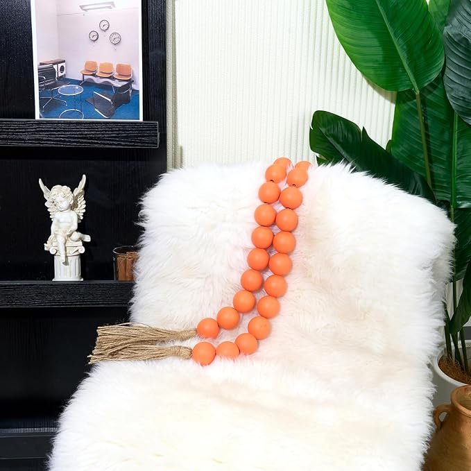 OMISHE 60" Long Extra Large Wood Bead Garland with 1.6" Diameter Wooden Beads and Tassels, Rustic Farmhouse Country Decorative Beads for Home Tiered Tray Decor, Orange