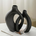 Levvohd Black Hollow Ceramic Vase Set of 2, Snuggle Round Boho Donut Modern Vase Nordic Minimalist Decorative Vase for Modern Trendy Home Table Centerpiece Decor (W 6.3" X H 8")