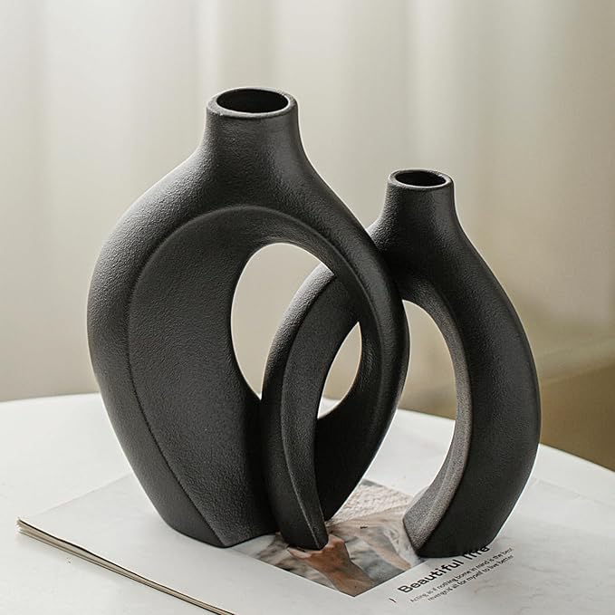 Levvohd Black Hollow Ceramic Vase Set of 2, Snuggle Round Boho Donut Modern Vase Nordic Minimalist Decorative Vase for Modern Trendy Home Table Centerpiece Decor (W 6.3" X H 8")