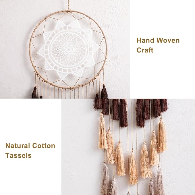 Artilady Macrame Dream Catchers for Bedroom - Tassel Wall Hanging Handmade Dreamcatchers Home Decor with Tassel Feather Ornament Craft Blessing Gift (Mix Brown)