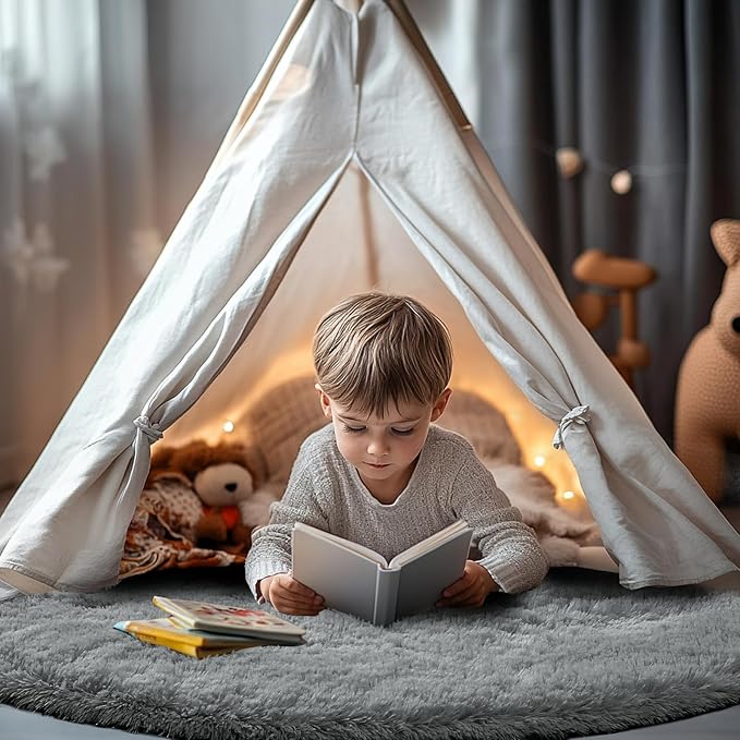 CAIYUECS Grey Round Fluffy Rug for Bedroom: Grey 5x5Feet Soft and Fluffy Area Rug for Living Room- Circle Fuzzy Bedroom Rugs- Gray Furry Plush Rug for Kids Room, Nursery (5ft, Gray)