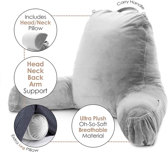 Nestl Reading Pillow Large Bed Pillow, Back Pillow for Sitting in Bed Shredded Memory Foam Chair Pillow, Reading & Bed Rest Pillows Light Grey Back Pillow for Bed, Bed Chair Arm Pillow with Pockets