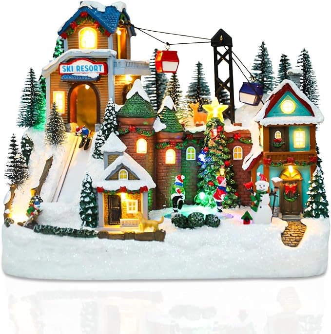 VCUTEKA Animated Christmas Village Houses, Lighted Musical Ski Resort Scene with Ice Skating Rink, Ski Lift, Snowman, Victorian Xmas Village Collectible Building Decoration for Holiday Table Display