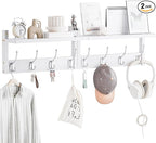 2 Pack Coat Rack Wall Mount, Bamboo Coat Hook with Storage Shelf, Coat Hanger with 8 Dual Hooks, Wall Floating Shelf for Entryway Hallway Kitchen, Bathroom, Bedroom (White+Slive)