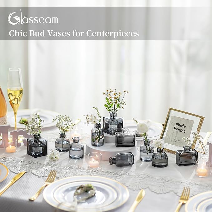 Glasseam Gray Glass Bud Vase: Mini Small Vases for Centerpieces Cute Flower Vase Set of 5 Tiny Vases for Flowers Decorative Centerpiece Table Decor for Wedding Party Dining Room Decoration