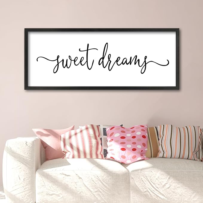 Sweet Dreams Above Bed Wall Decor Sign 40"x15" for Master Bedroom Over Bed Guest Room Wood Framed Wall Art (Black)