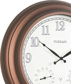 CLXEAST 24 Inch Illuminated in/Outdoor Lighted Atomic Analog Wall Clock with Thermometer & Hygrometer, Oversized Large Waterproof Wall Clocks for Living Room Decor,Bronze Finish