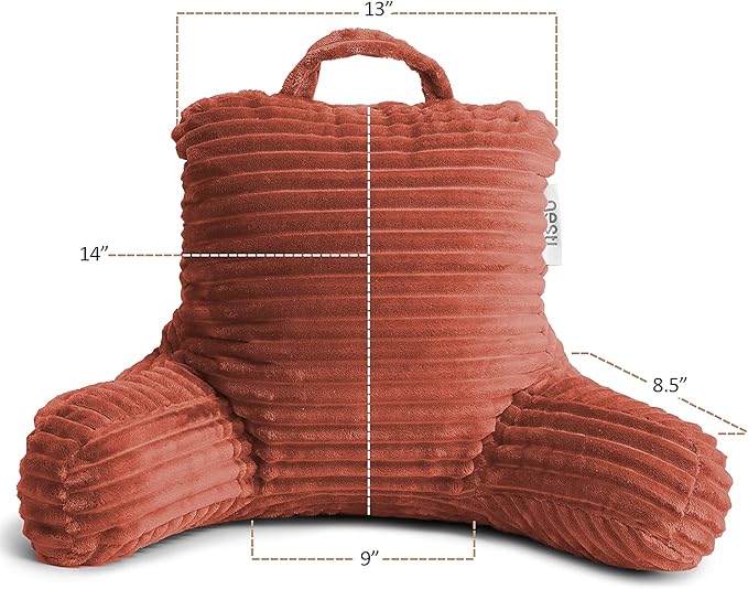 Nestl Reading Pillow with Portable Lap Desk Stand for Laptop 19x11”, Cut Plush Striped Back Pillow, Back Support Pillow, Shredded Memory Foam Bed Rest Pillow with Arms for Kids & Teens, Small - Misty