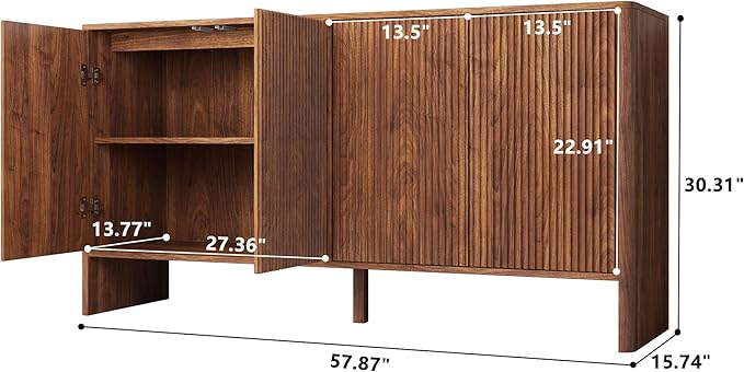 Sideboard Buffets Cabinet, Modern Accent Storage Cabinet with 4 Fluted Doors and Adjustable Shelves, Wood Credenza Buffet Sideboards, Console Table for Kitchen Dining Living Room Entryway (Walnut)