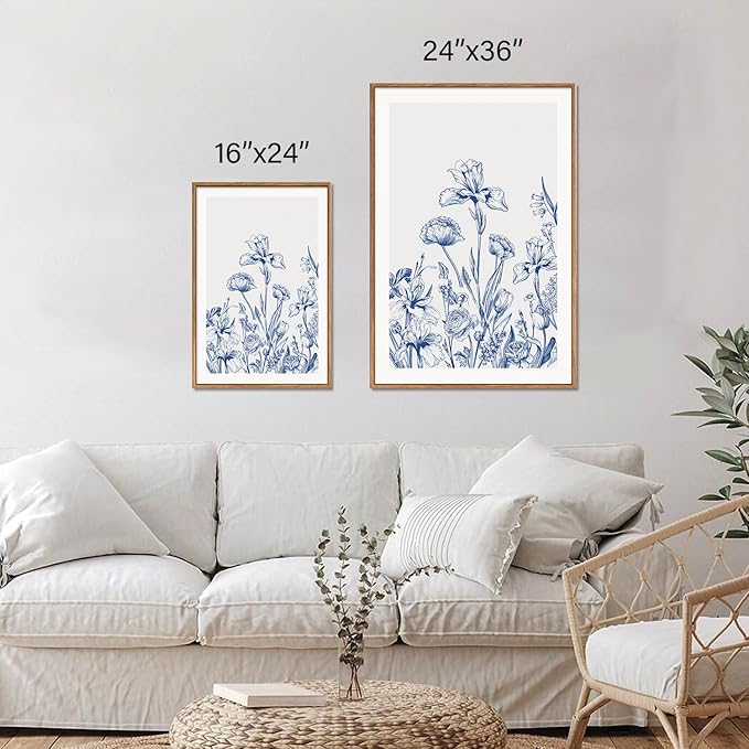 SIGNINART Classic Chinoiserie Botanical Framed Canvas Wall Art, Blue and White Floral Wall Decor, Minimalist Flower Artwork, Navy Blue Wildflower Art Painting for Bedroom Living Room Office 24"x36"x3