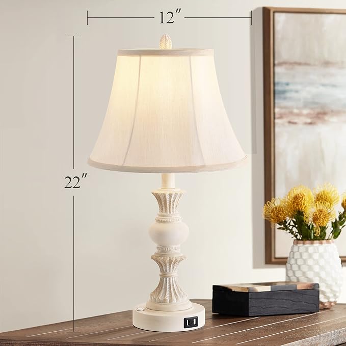 Touch Control Table Lamp Set of 2, 3-Way Dimmable Bedside Lamp with 2 USB Charging Ports, French Country Style Nightstand Lamps with Faux Silk Shade for Living Room, Bedroom - Antique White
