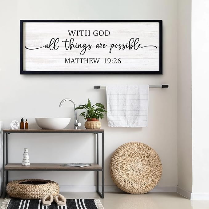 With God All Things are Possible Framed Wall Art, 40''×15'' Positive Holy Religious Rustic Bible Verse for Christian God Jesus Christ Prayer, Vintage Horizontal Inspirational Catholic Scripture Decor