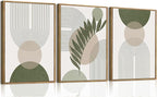 Bwodke Boho Wall Art, Framed Abstract Wall Art, Sage Green Canvas Wall Decor, Mid Century Line Leaf Geometric Pictures Set of 3, Minimalist Paintings, for Bedroom Living Room Bathroom 12"x16"