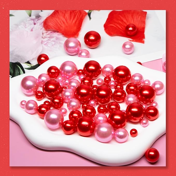 300Pcs Vase Filler Red Pink No Hole Faux Pearl Beads for Vase Filling Decorations, Candle Centerpieces, Wedding Centerpieces, Home Party Decor (8/14/20mm)