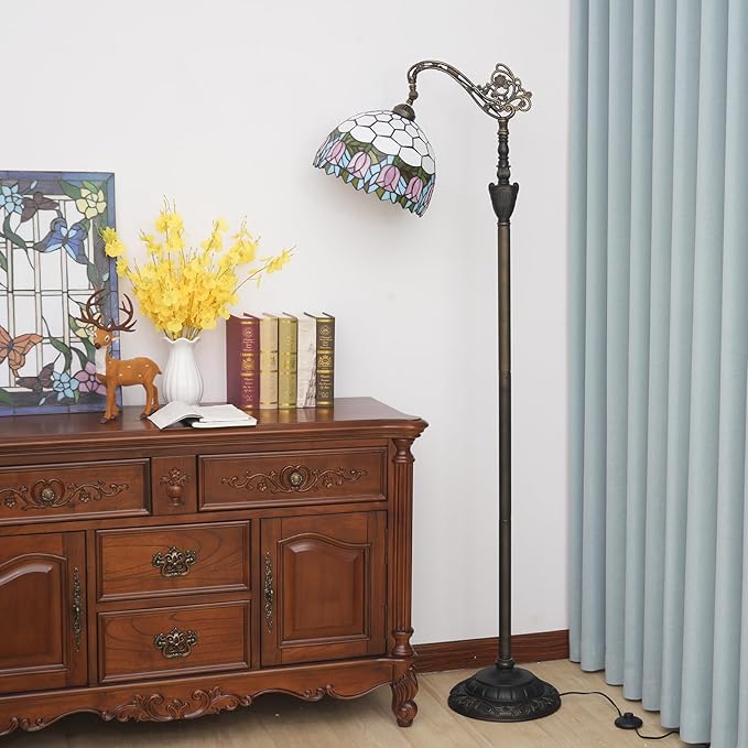Tiffany Floor Lamp Pink Tulip Stained Glass Gooseneck Floor Light 63 inches Handcrafted Tiffany Style Standing Lamp with Angle Adjustable Lampshade for Reading Working Home Decoration