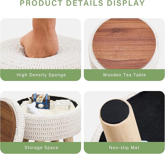 Wimarsbon Pouf Ottoman, 100% Cotton Knitted Boho Footstool, Round Footrest with Non-Skid Wood Legs, Home Décor Handmade Pouffe, Leisure Floor Step Stool for Living Room (Storage Beige)