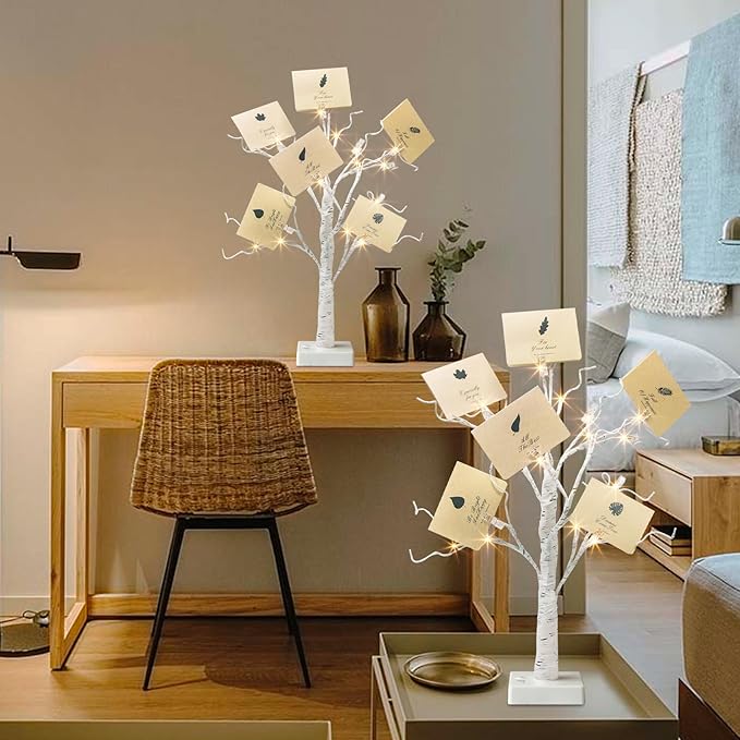 EAMBRITE Money Tree Gift Holder, Gift Card Tree 2FT 24LED, Lighted Birch Trees Battery/USB Powered Timer Photo Display with 12 Clear Clips and 12 Cards for Home Christmas Halloween Picture Memo 2 Pack