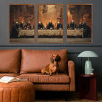 KAIRNE Framed Skeleton Canvas Wall Art,Abstract Retro Skull Pictures Set of 3(16”X24”),Scary Halloween Prints,Horror Wall Art,Skeleton Last Supper Posters for Living Room Bedroom Ding Room Decoration