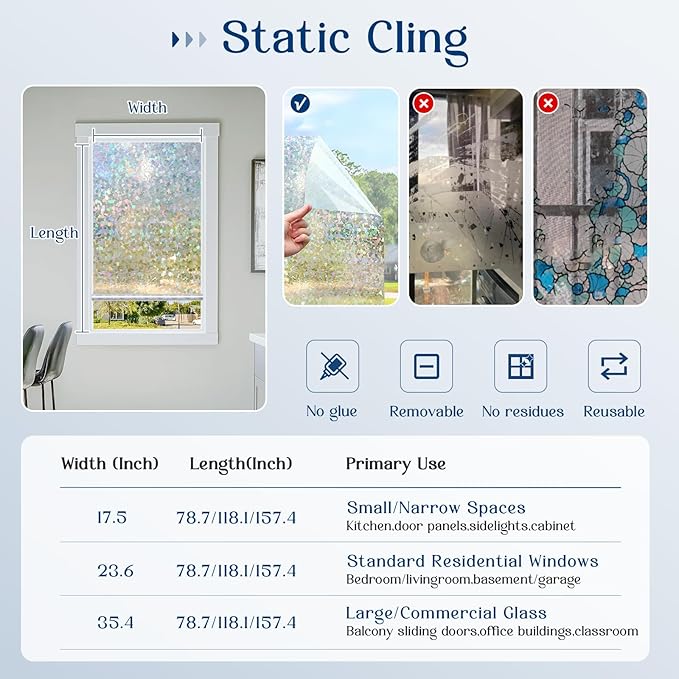 Haton Window Privacy Film, Rainbow Stained Glass Window Clings, 3D Decorative UV Sun Blocking Sticker, Removable Static Cling Heat Control Tint for Home Door, 35.4" x 157.4" Non-Adhesive