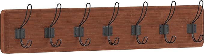 HBCY Creations Rustic Brown Solid Wood Wall Mounted Coat Rack with Shelf, 7 Hooks, 34" Long - Kitchen, Mudroom, Entryway, Bathroom - Includes Mounting Hardware, Coat Hanger, Dog Leash Hooks