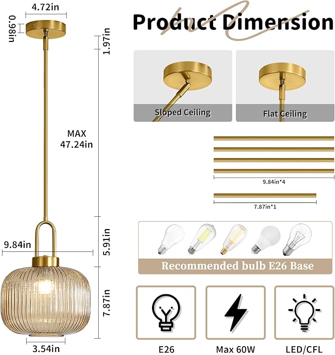 Modern Amber Glass Pendant Light Fixtures, Mid Century Pendant Lights for Kitchen Island, 9.8" Gold Adjustable Height Ceiling Hanging Light Fixtures for Dining Room Entryway Bedroom Foyer Hallway