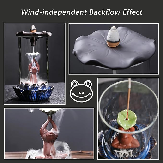 ChangWanna Frog Incense Burner Holder - Ceramic Lotus Incense Holder Ash Catcher, Glass Incense Holder for Sticks, Insence-stick Holder Ornament for Aromatherapy/Yoga/Meditation/Home Room Office Decor
