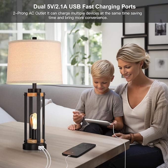 Farmhouse Table Lamps for Living Room Set of 2, 26” Rustic Beside Lamps with USB Charging Ports and Night Light, Bedroom Nightstand Lamp Vintage Reading Lamps for End Table,Bulbs Included