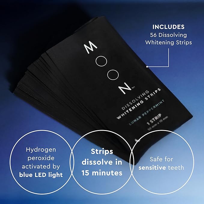 MOON LED Teeth Whitening Kit - Gentle Teeth Whitener Device, 56 White Strips, USB Charger & Travel Case - Blue Light Whitening Tray Removes Stains & Whitens Up to 12 Shades in 2 Weeks (4 Piece Kit)