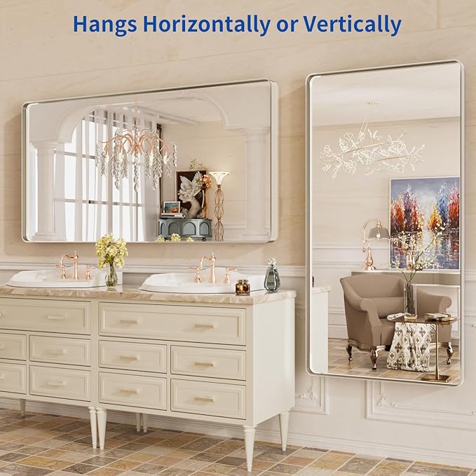 WEER 60X30 Inch Brushed Nickel Bathroom Mirror, Brushed Silver Metal Frame Mirror, Rounded Rectangle Silver Bathroom Vanity Mirror, Tempered Glass, Anti-Rust, Hangs Horizontally or Vertically