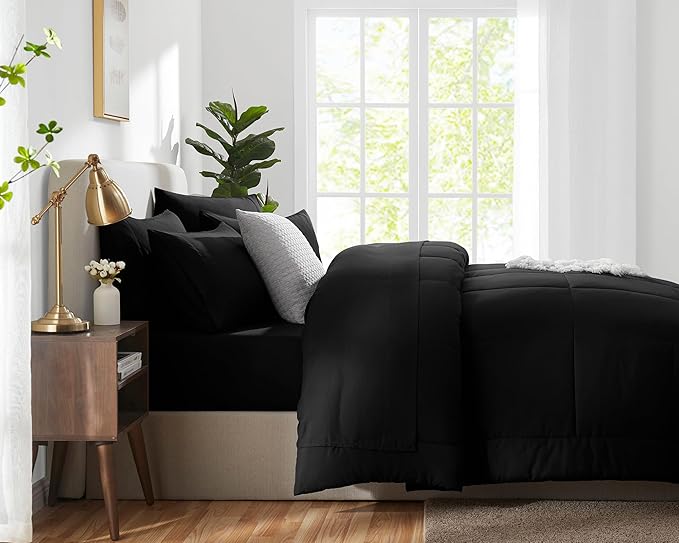 CozyLux Twin Comforter Set with Sheets Black, 5 Pieces Bed in a Bag, Black Comforter Twin Size, All Season Bedding Set with Stitch Quilted Comforter, Flat Sheet, Fitted Sheet, Pillowcases