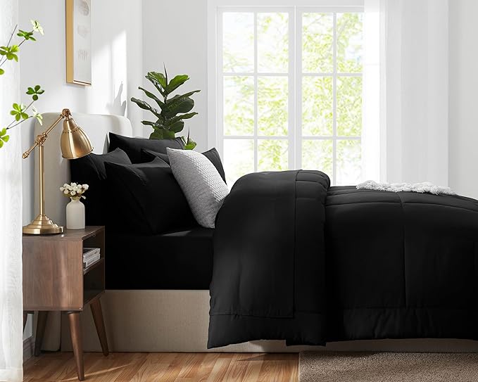 CozyLux Full Size Comforter Sets Black, 7 Pieces Bed in a Bag, Black Comforter Full Size, All Season Bedding Sets with Stitch Quilted Comforter, Flat Sheet, Fitted Sheet, Pillowcases